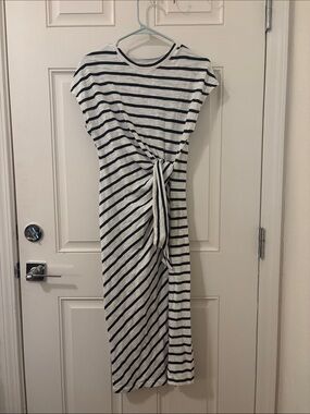 Sonoma White and Navy Striped Knot-Front Midi Dress